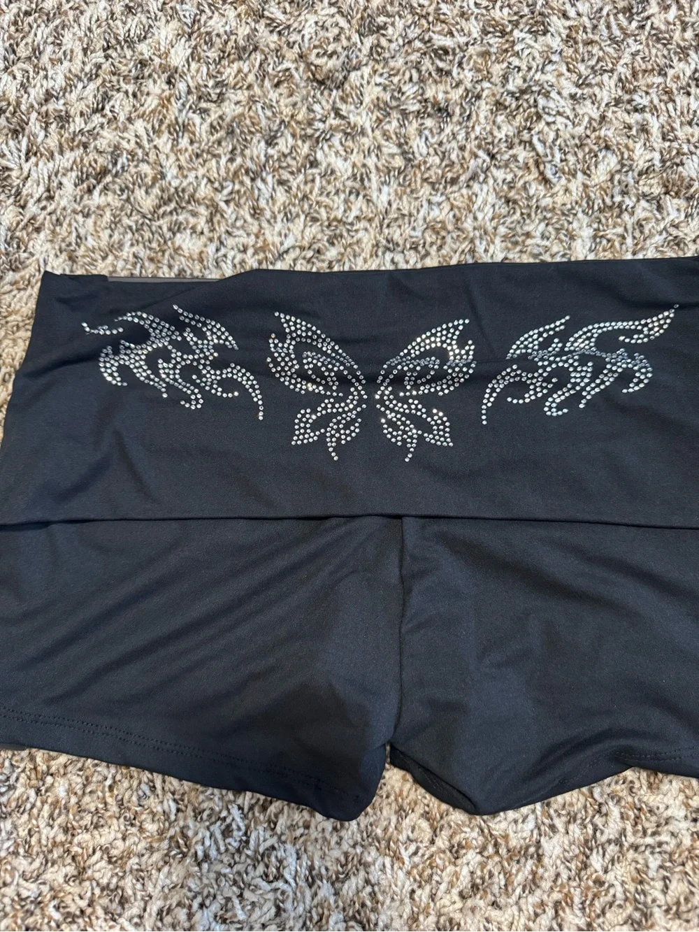 Y2k Black Fold-Over Women’s Dance Shorts with Rhinestone Butterfly